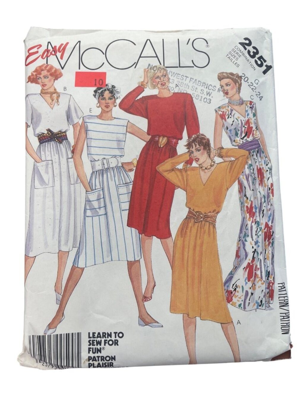 Vintage 80s McCalls 2351 Sewing Pattern Sizes 20-22-24 Easy Pullover Dress CUT